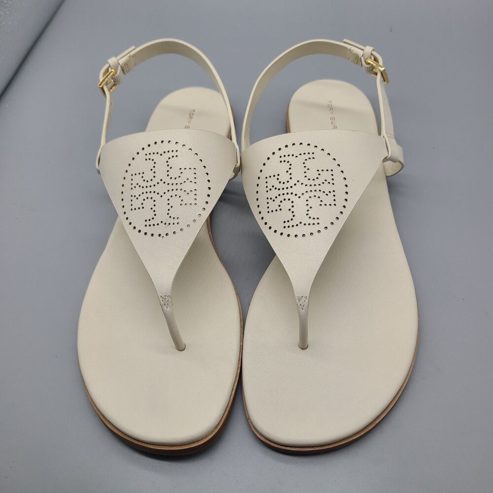 TORY BURCH CAPRI Perforated Logo White Leather Thong Flat Sandals  Sz 10.5 New
